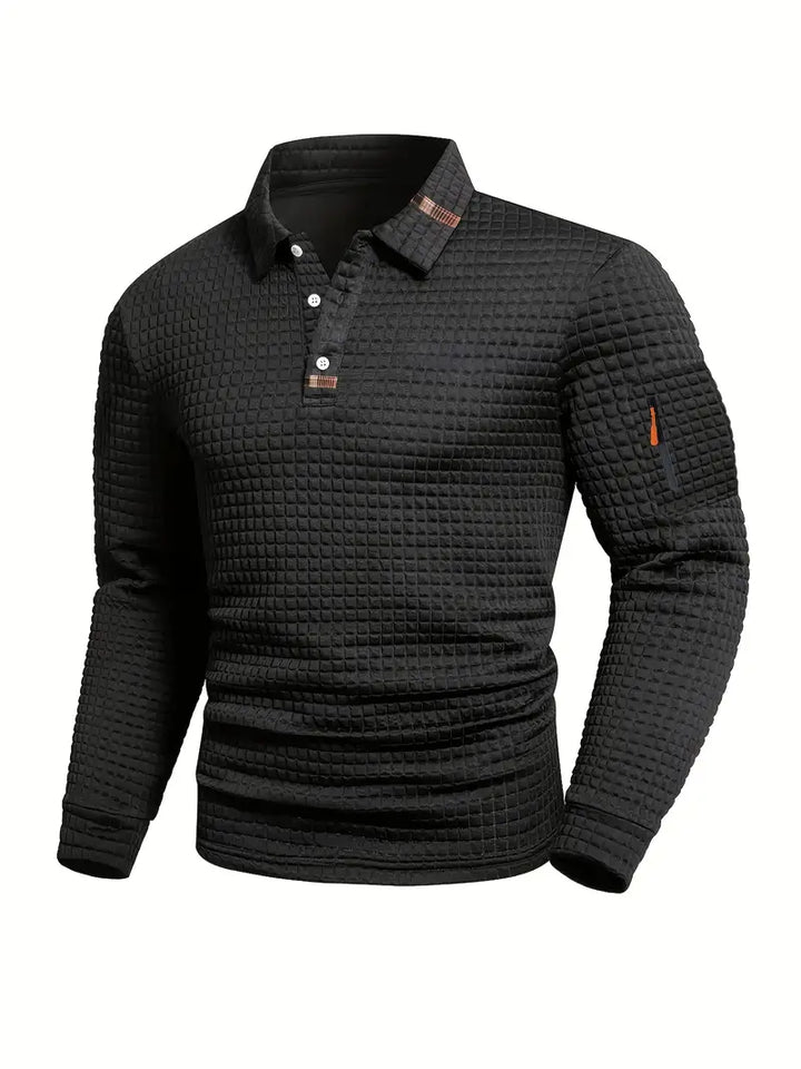 Men's Long Sleeve Waffle Polo Shirt – Black
