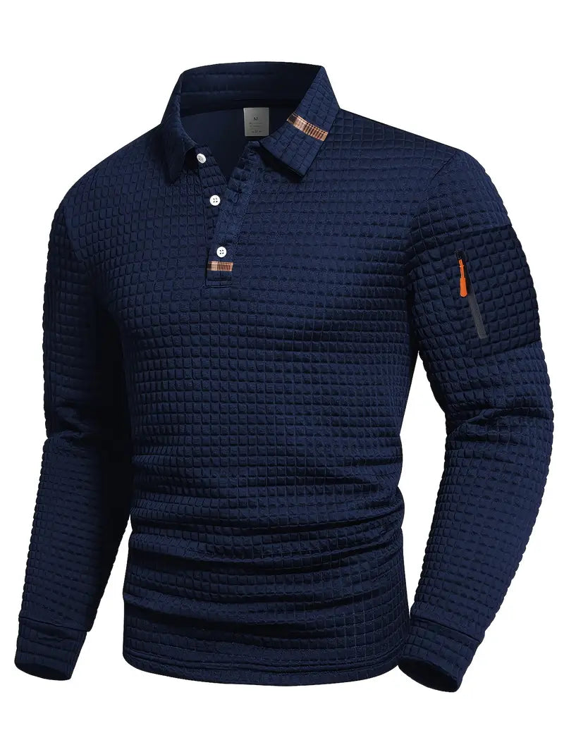 Men's Long Sleeve Waffle Polo Shirt – Navy