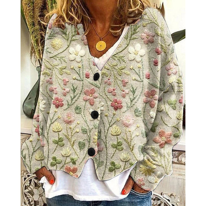 Hiske | Women's Floral V Neck Button Up Cardigan 1
