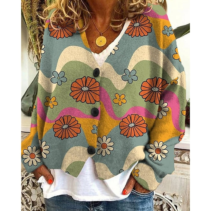 Hiske | Women's Floral V Neck Button Up Cardigan 2