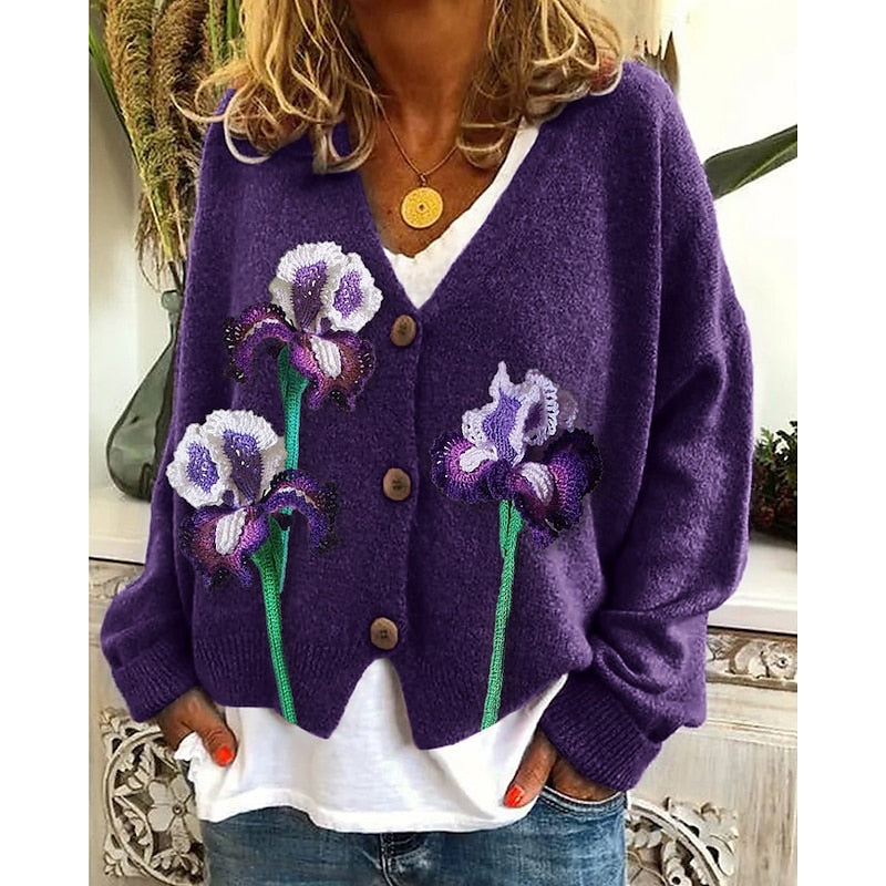 Hiske | Women's Floral V Neck Button Up Cardigan 3