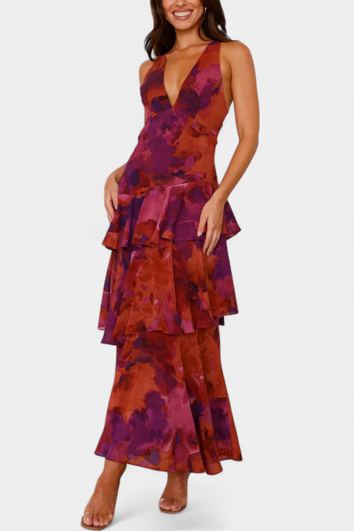 Jimena™ | Elegant Chiffon Dress with V-Neckline & Flowing Layers