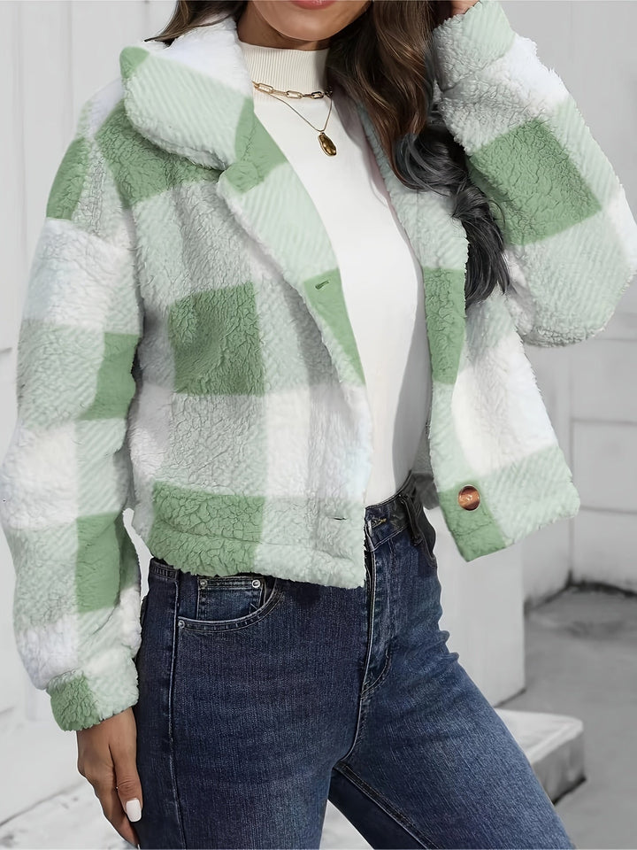 Jacomina | Women's Cropped Plaid Sherpa Teddy Jacket 10