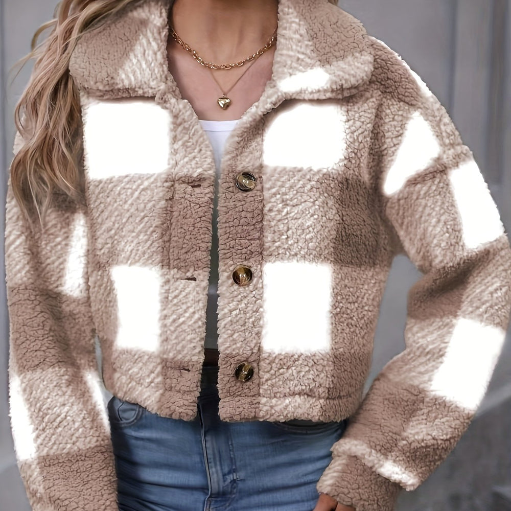 Jacomina | Women's Cropped Plaid Sherpa Teddy Jacket 2