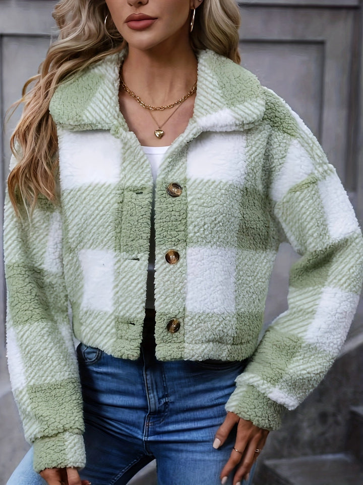 Jacomina | Women's Cropped Plaid Sherpa Teddy Jacket 4