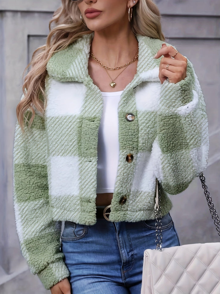 Jacomina | Women's Cropped Plaid Sherpa Teddy Jacket 6