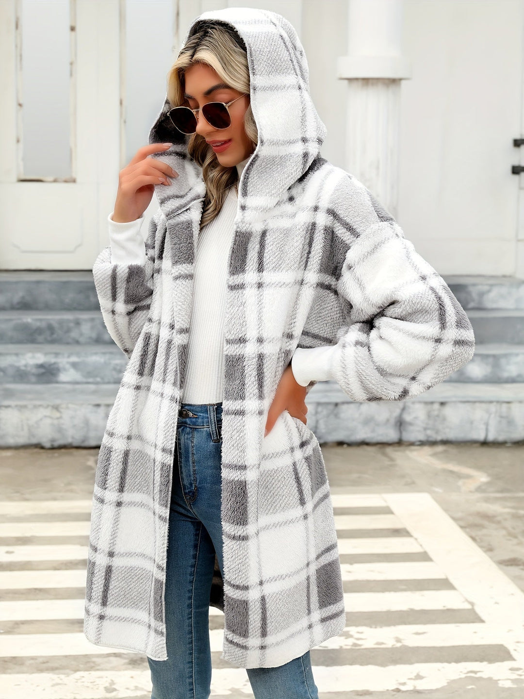 Women's Plaid Hooded Longline Shacket – Detail View