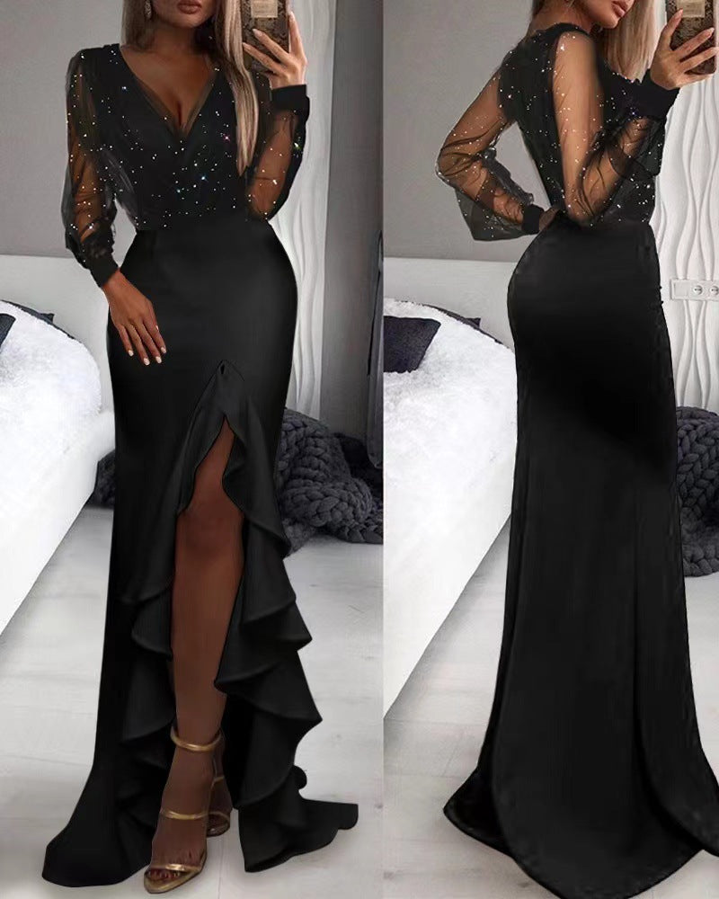 Josephine - Black Lace Slit Maxi Dress 1