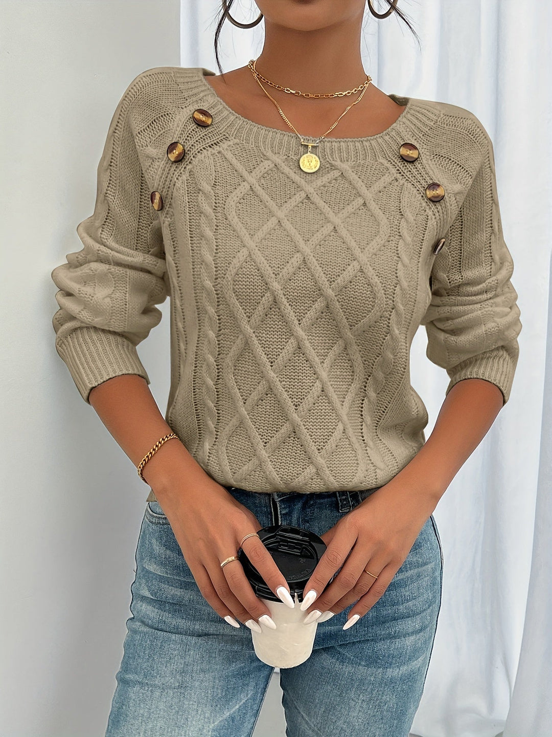 Kathleen - Button Shoulder Cable Sweater 5
