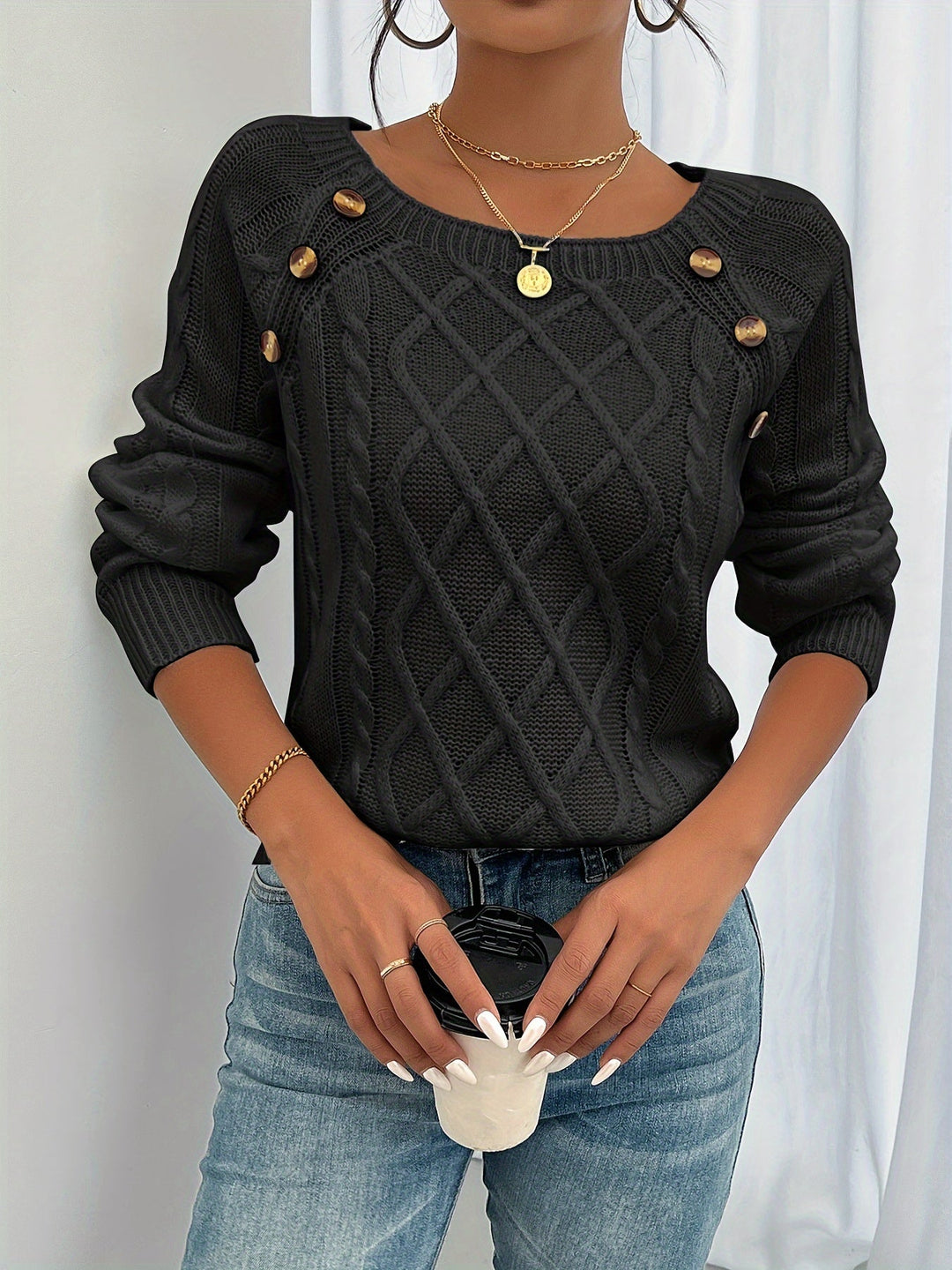Kathleen - Button Shoulder Cable Sweater 7