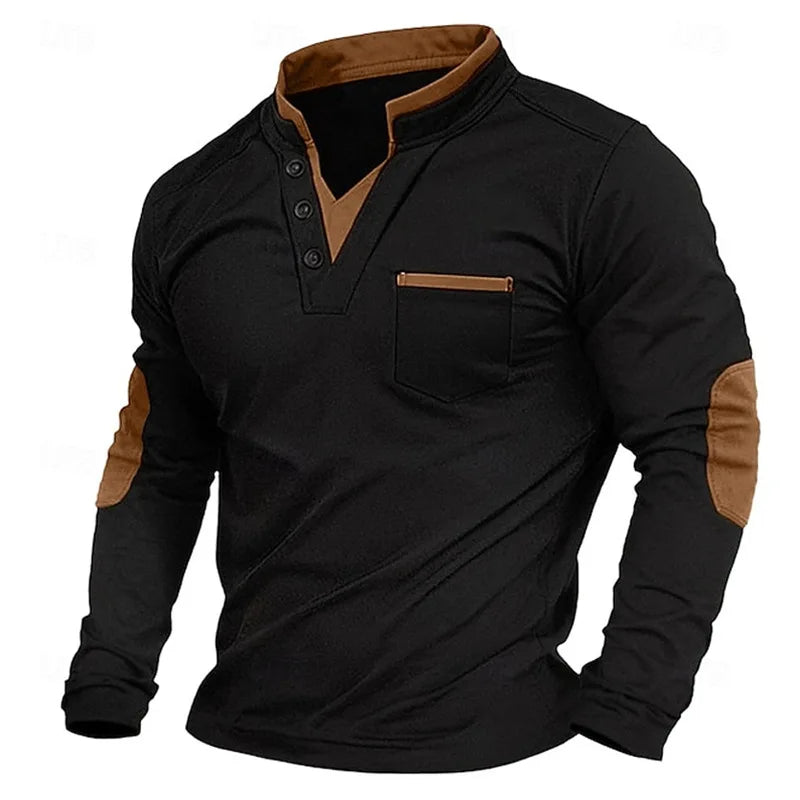 Men's Elbow Patch Henley Sweatshirt – Black Brown