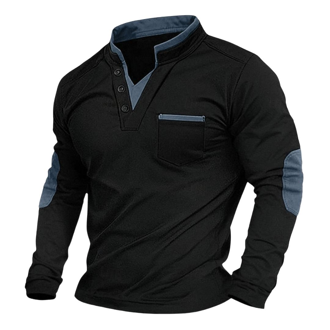 Men's Elbow Patch Henley Sweatshirt – Black Blue