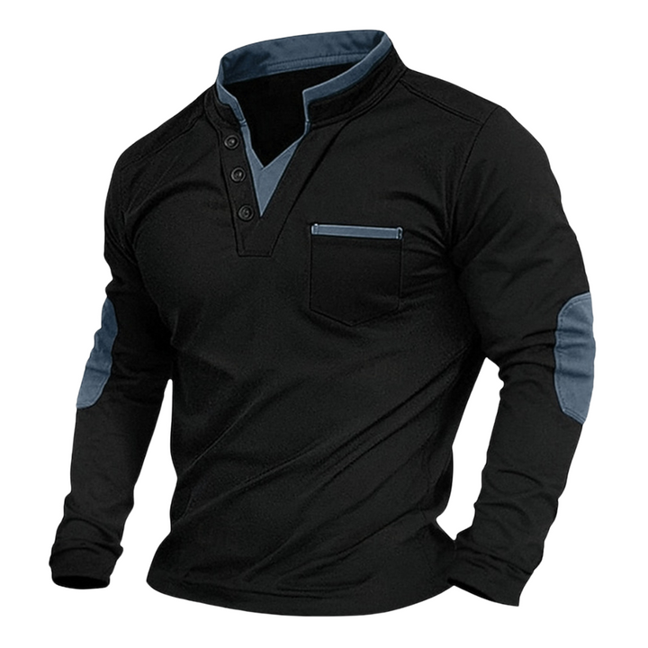 Men's Elbow Patch Henley Sweatshirt – Black Blue