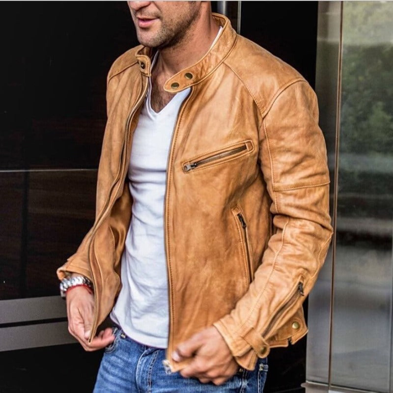 Leandro | Men's Leather Jacket Slim Fit Racer Stand Collar 1