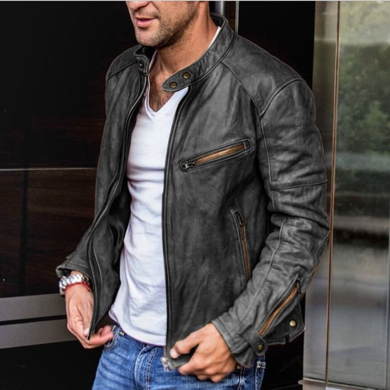 Leandro | Men's Leather Jacket Slim Fit Racer Stand Collar 2
