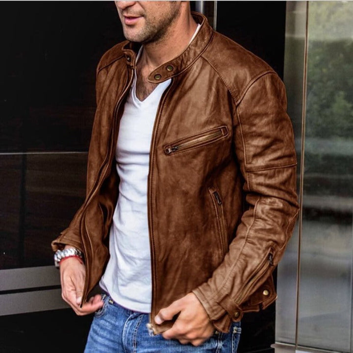 Leandro | Men's Leather Jacket Slim Fit Racer Stand Collar 3