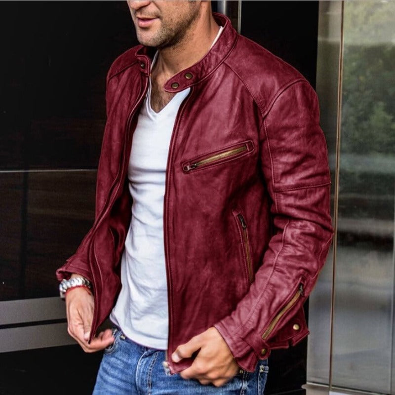 Leandro | Men's Leather Jacket Slim Fit Racer Stand Collar 4