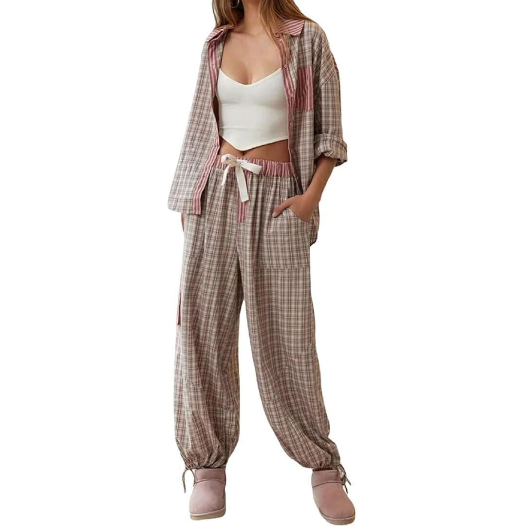 Liza | Women's Checkered Pajama Set Long Sleeve 2