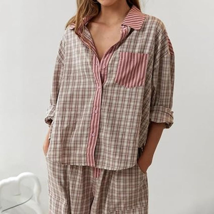Liza | Women's Checkered Pajama Set Long Sleeve 3