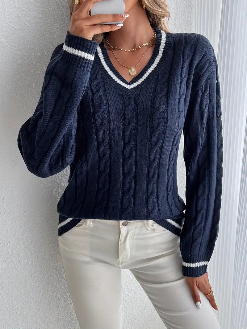 Lucille | Women's Cable Knit V Neck Sweater 1