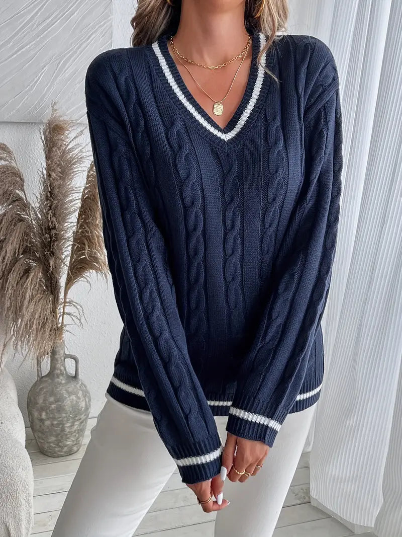 Lucille | Women's Cable Knit V Neck Sweater 2