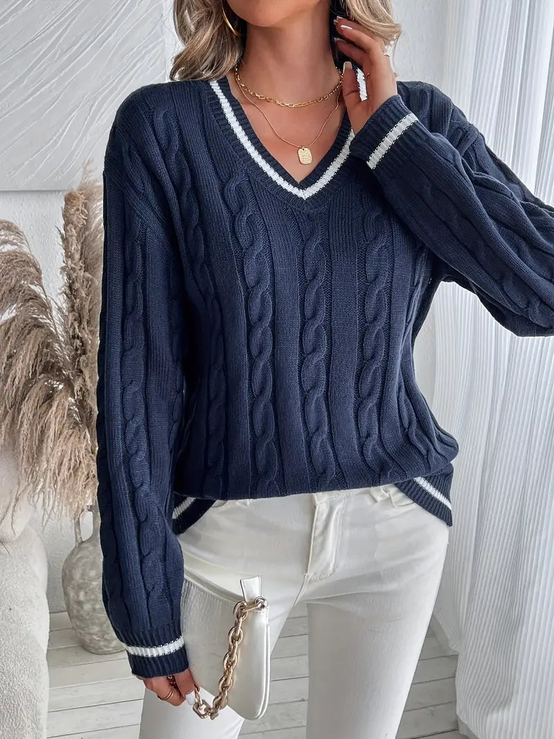 Lucille | Women's Cable Knit V Neck Sweater 4