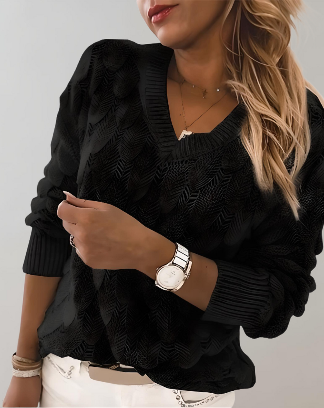 Machteld | Women's V Neck Sweater Knit Pullover Textured Oversized 4