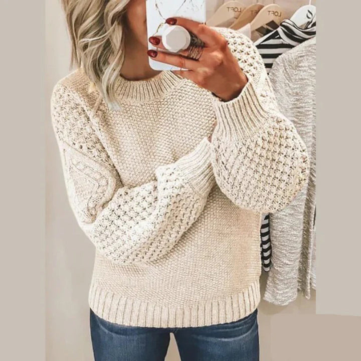 Maelle | Women's Waffle Knit Sweater Puff Sleeve Crew Neck 1