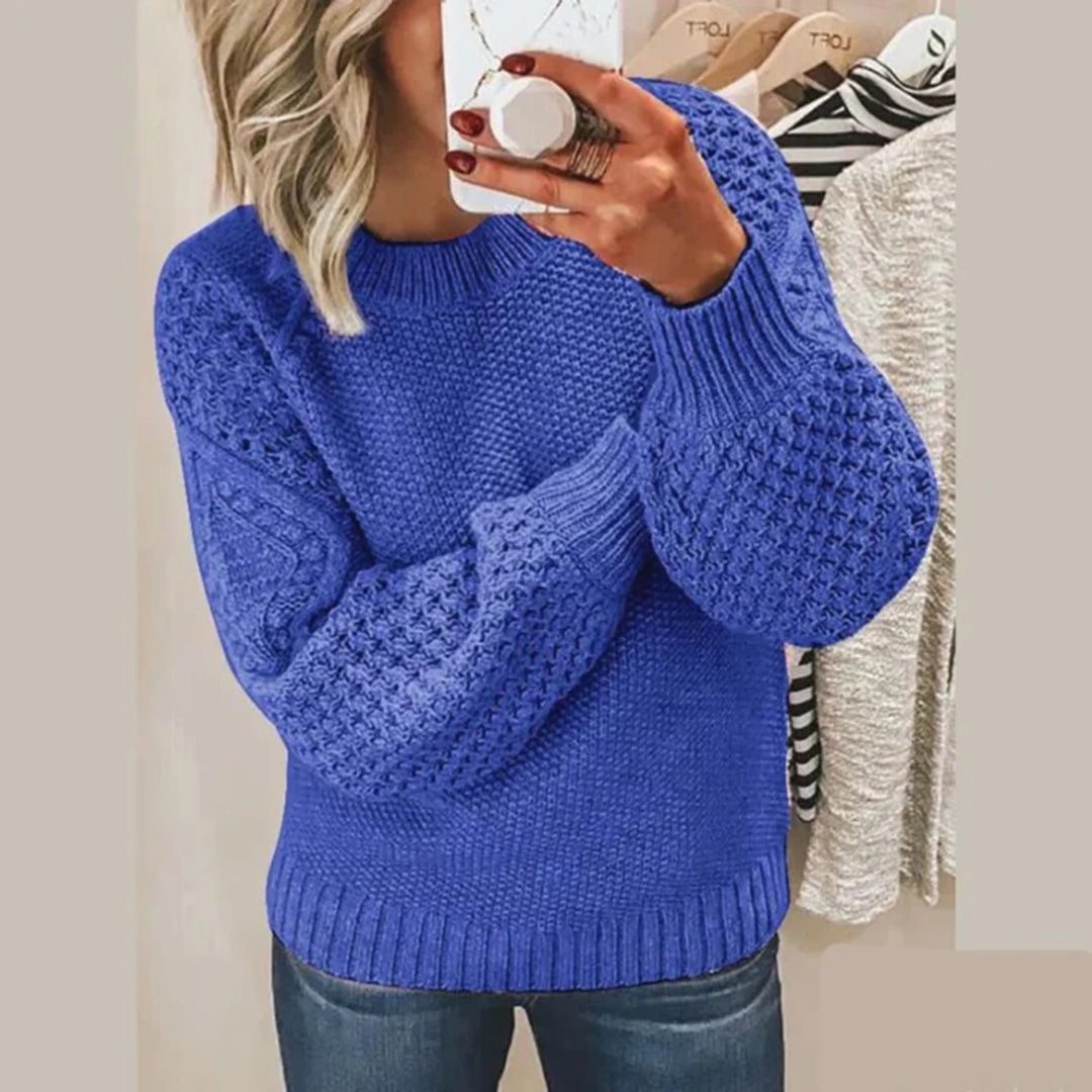 Maelle | Women's Waffle Knit Sweater Puff Sleeve Crew Neck 2