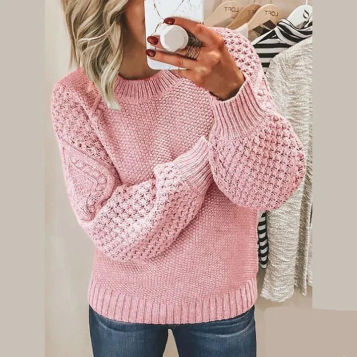 Maelle | Women's Waffle Knit Sweater Puff Sleeve Crew Neck 3