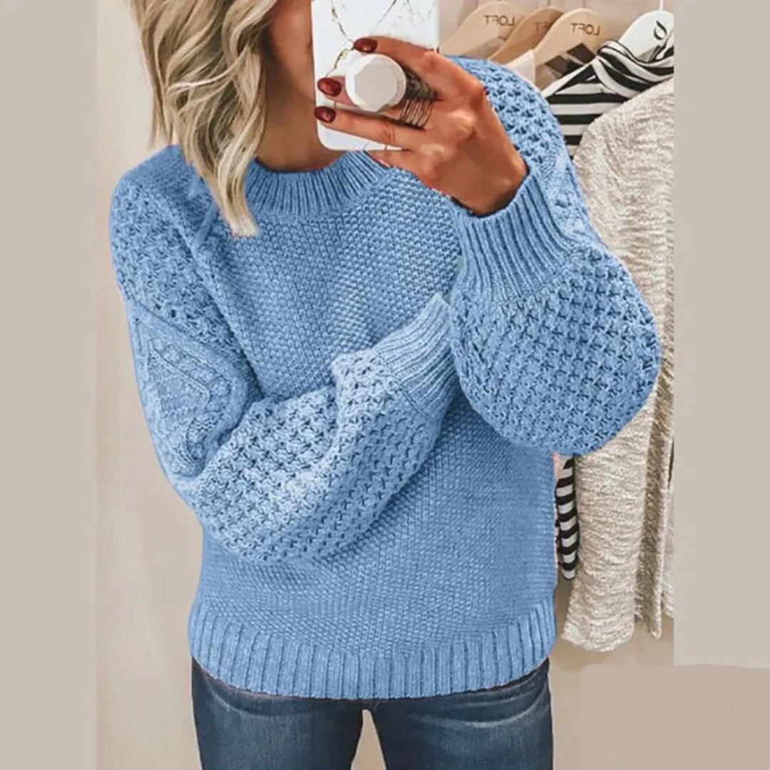 Maelle | Women's Waffle Knit Sweater Puff Sleeve Crew Neck 4