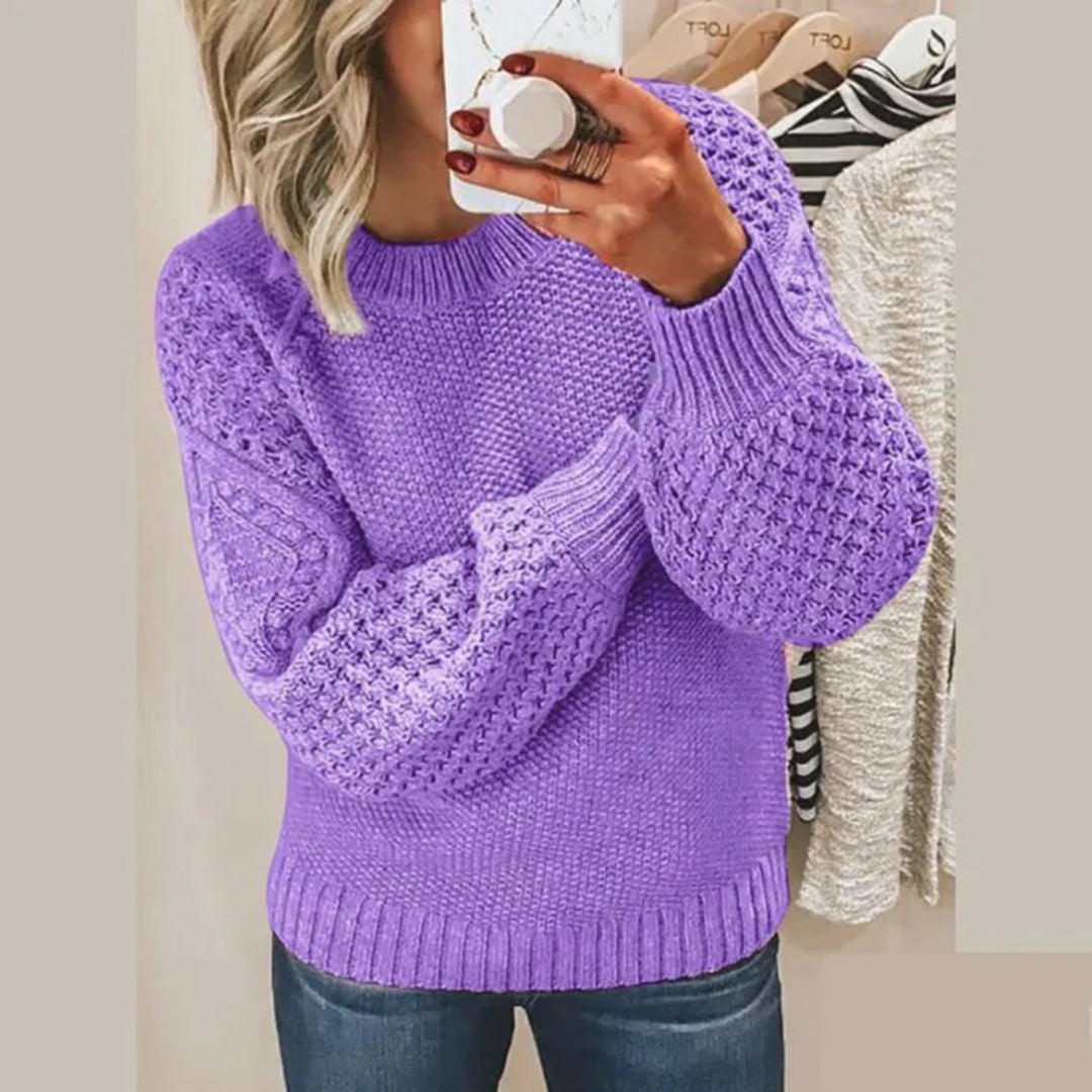Maelle | Women's Waffle Knit Sweater Puff Sleeve Crew Neck 5