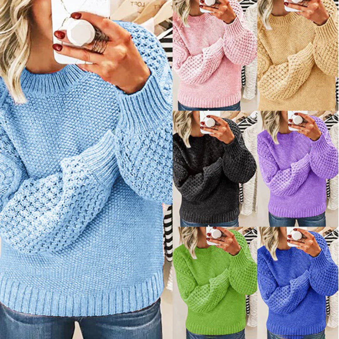 Maelle | Women's Waffle Knit Sweater Puff Sleeve Crew Neck 6