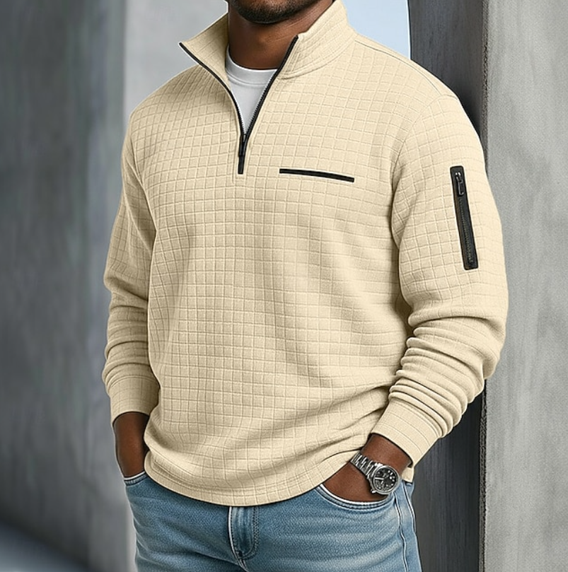 Men's Waffle Knit Quarter Zip Sweatshirt – Beige
