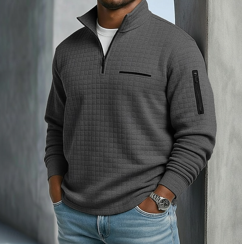 Men's Waffle Knit Quarter Zip Sweatshirt – Dark Gray