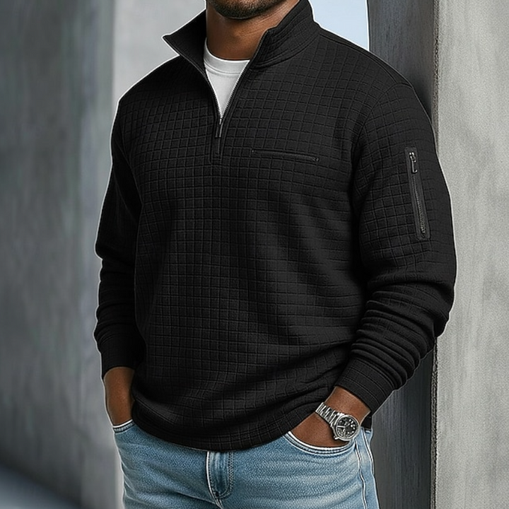Men's Waffle Knit Quarter Zip Sweatshirt – Black