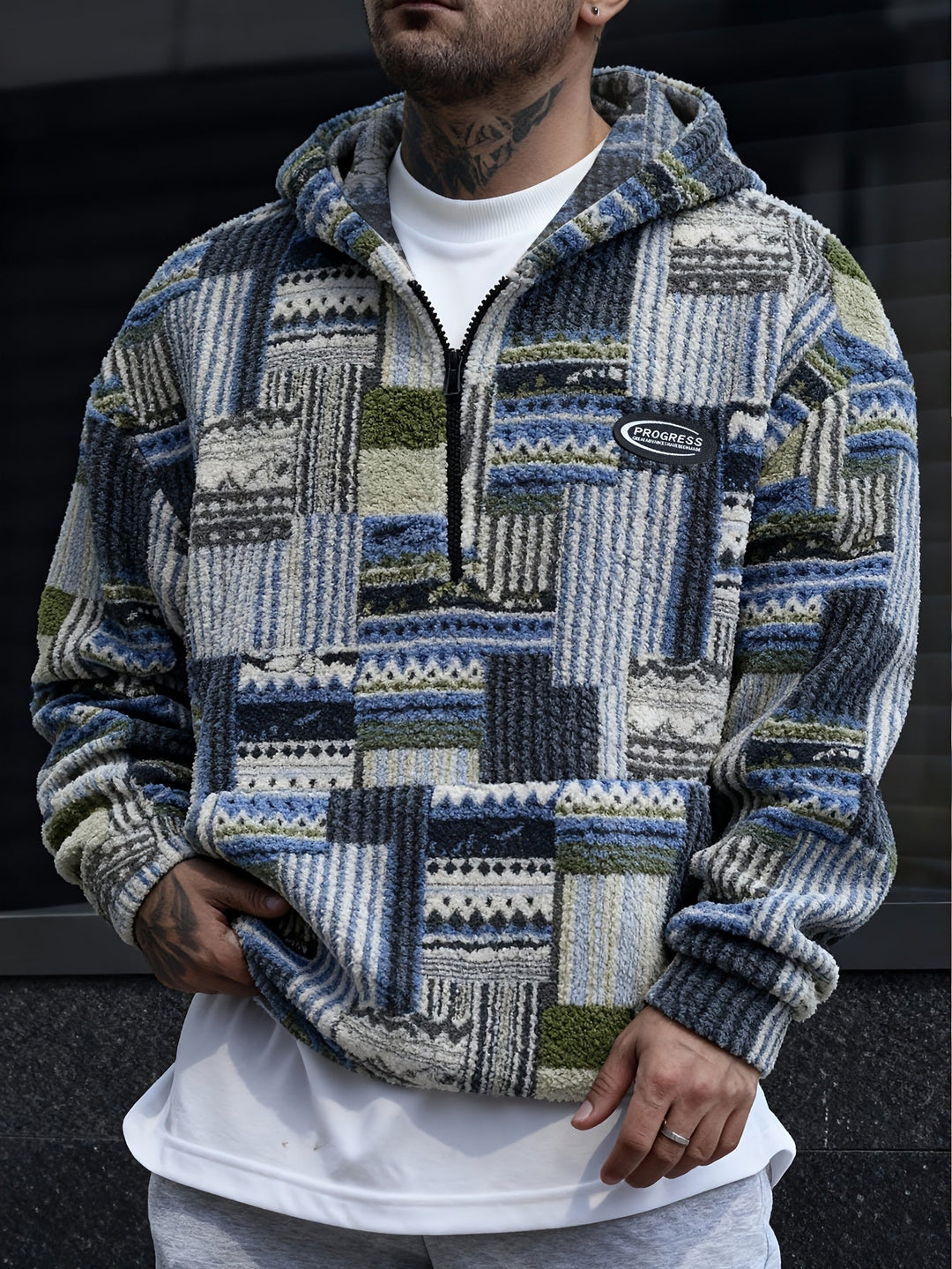Men's Patchwork Quarter Zip Hoodie – Detail View