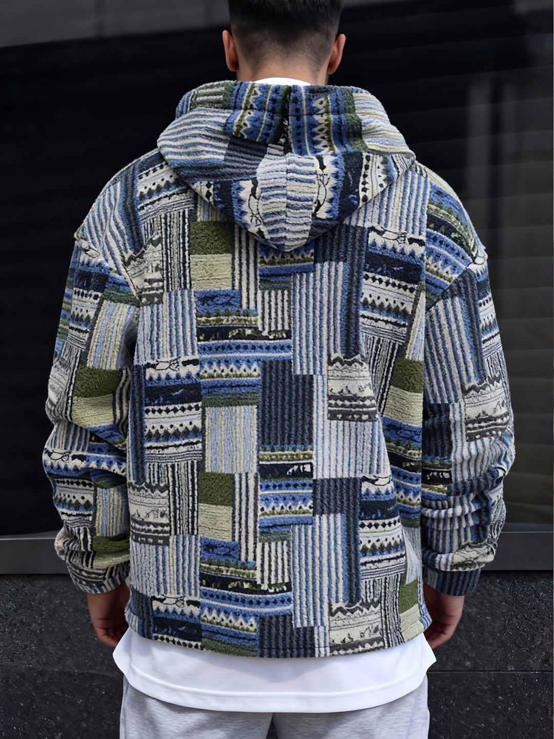 Men's Patchwork Quarter Zip Hoodie – Detail View