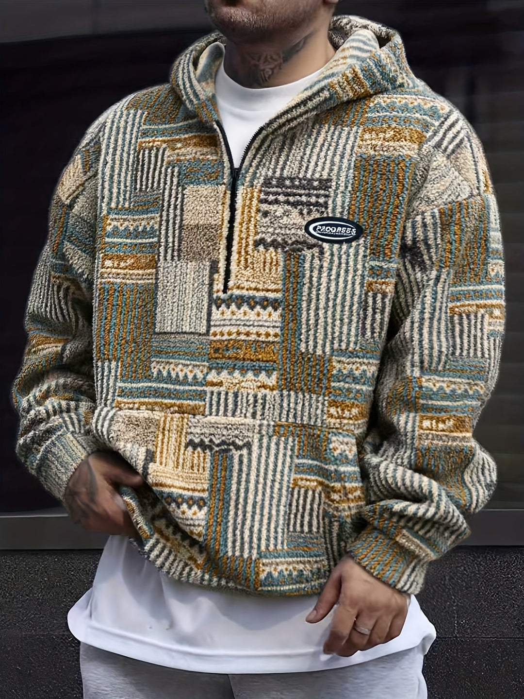 Men's Patchwork Quarter Zip Hoodie – Detail View