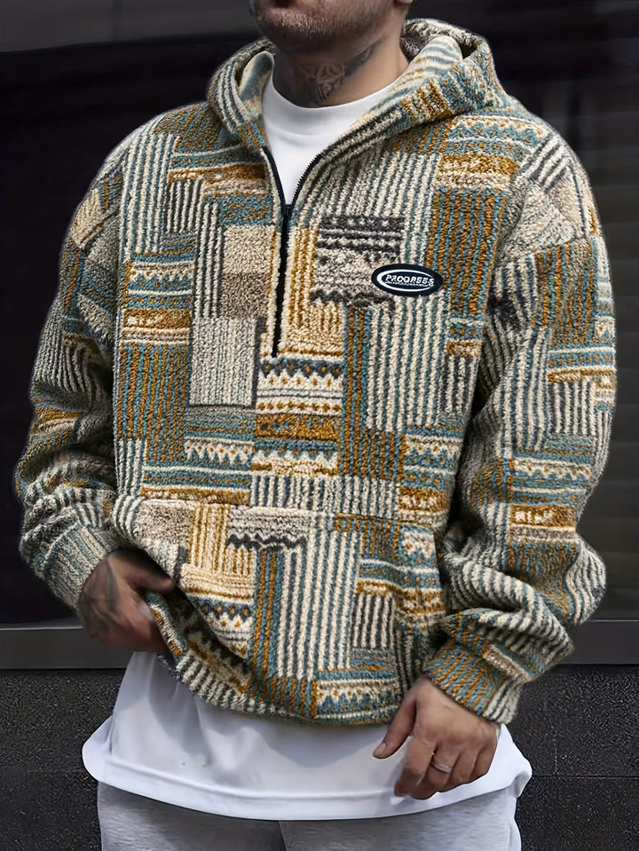 Men's Patchwork Quarter Zip Hoodie – Detail View