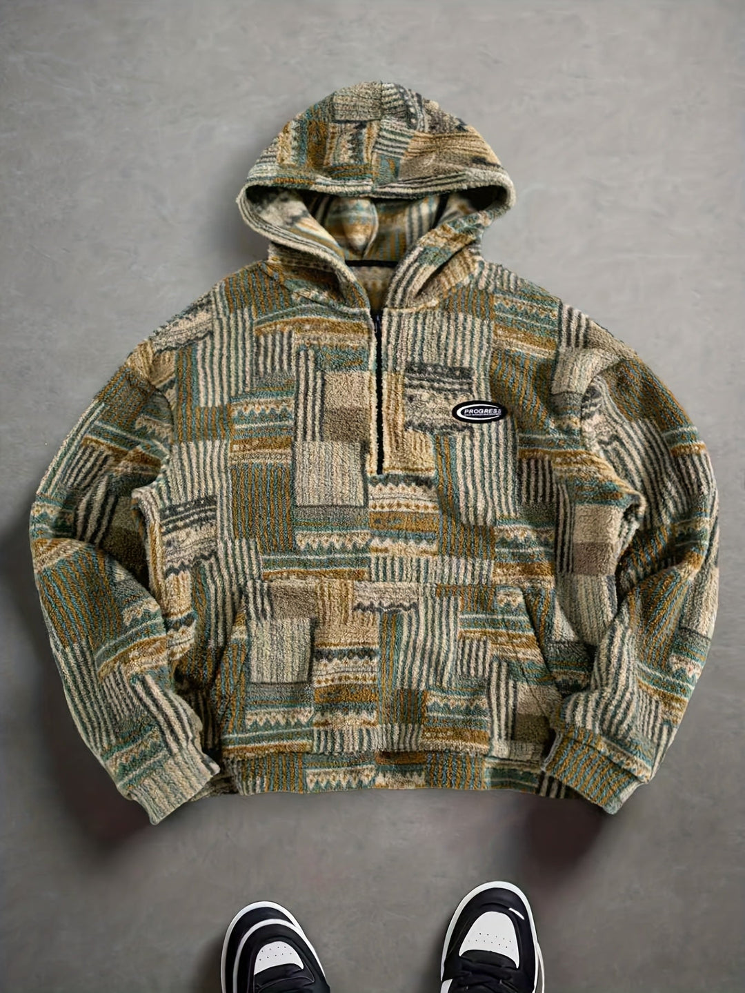 Men's Patchwork Quarter Zip Hoodie – Detail View