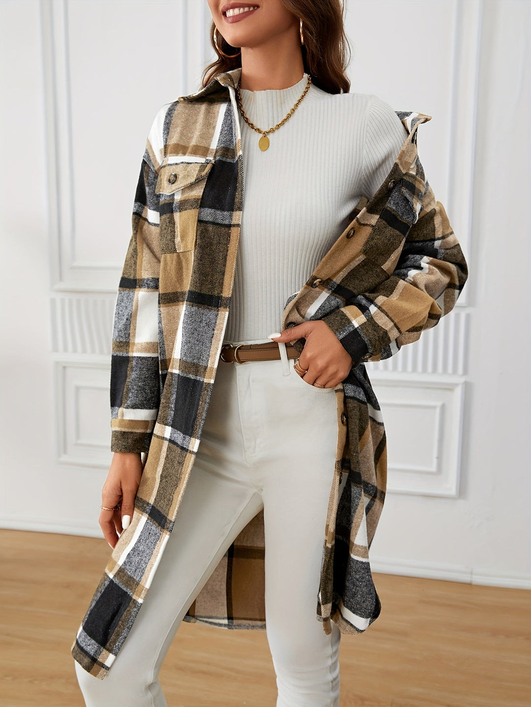 Women's Plaid Longline Shacket – Detail View