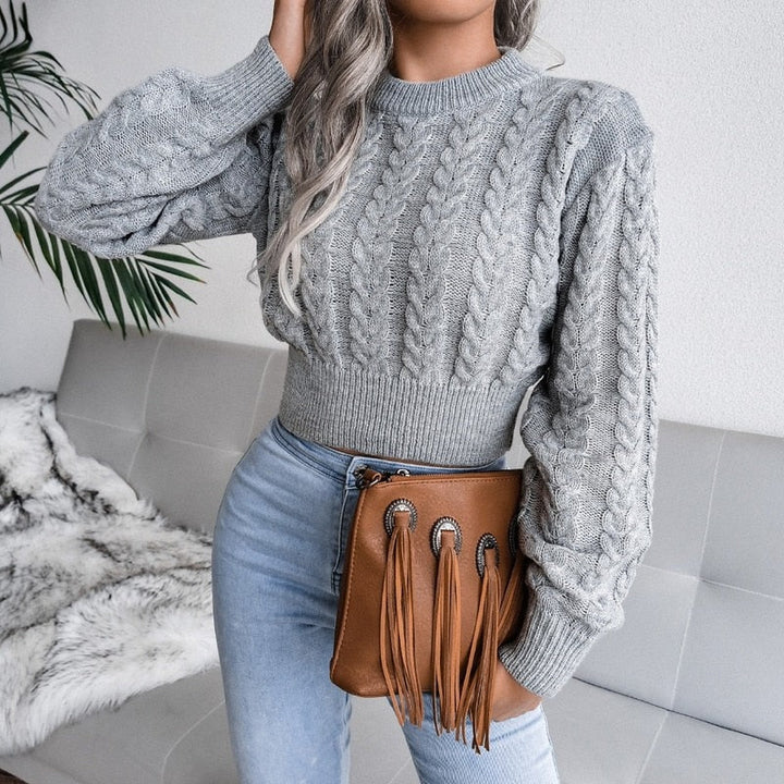 Rosamund | Women's Crop Cable Knit Sweater Crew Neck 1