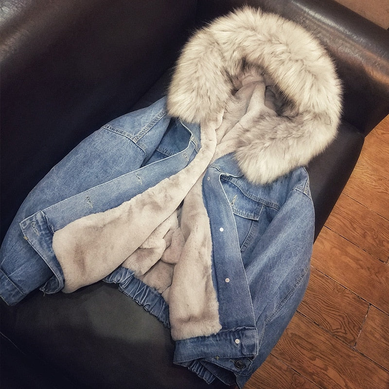 Sigrun | Women's Denim Sherpa Jacket Fur Hood Lined Winter 2