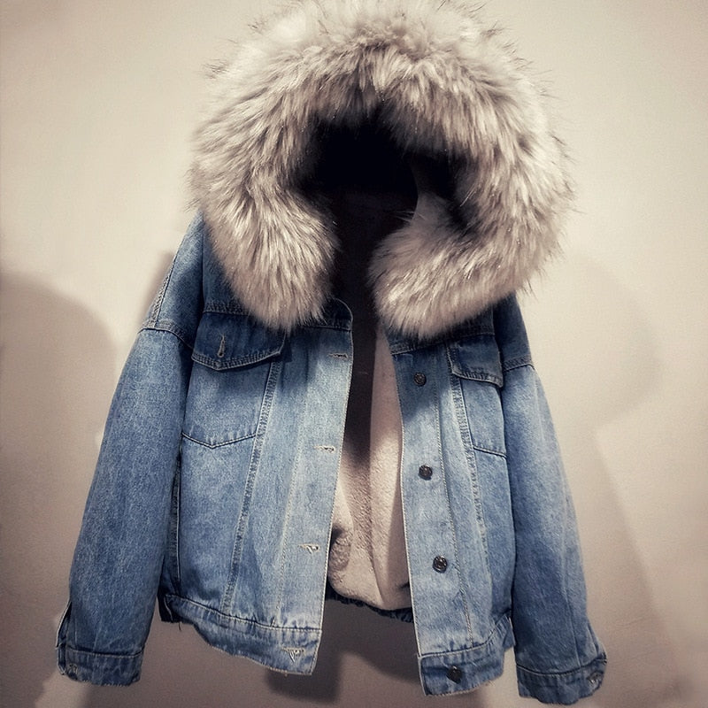 Sigrun | Women's Denim Sherpa Jacket Fur Hood Lined Winter 3