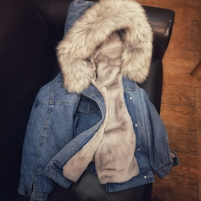Sigrun | Women's Denim Sherpa Jacket Fur Hood Lined Winter 4