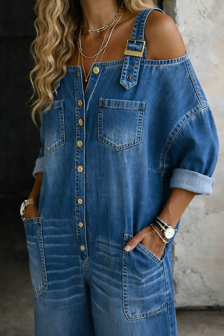 Sophia | Women's Off Shoulder Denim Jumpsuit 2