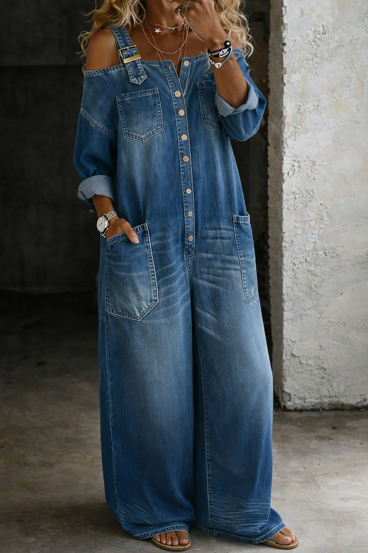 Sophia | Women's Off Shoulder Denim Jumpsuit 4