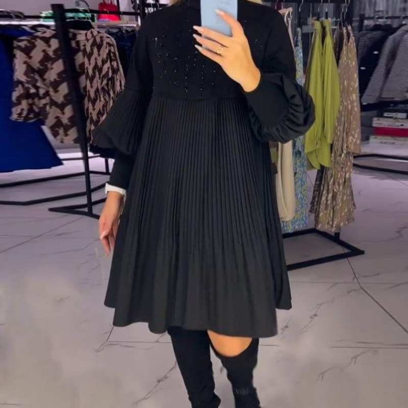 Luna™ | Elegant Pleated Dress with Puff Sleeves