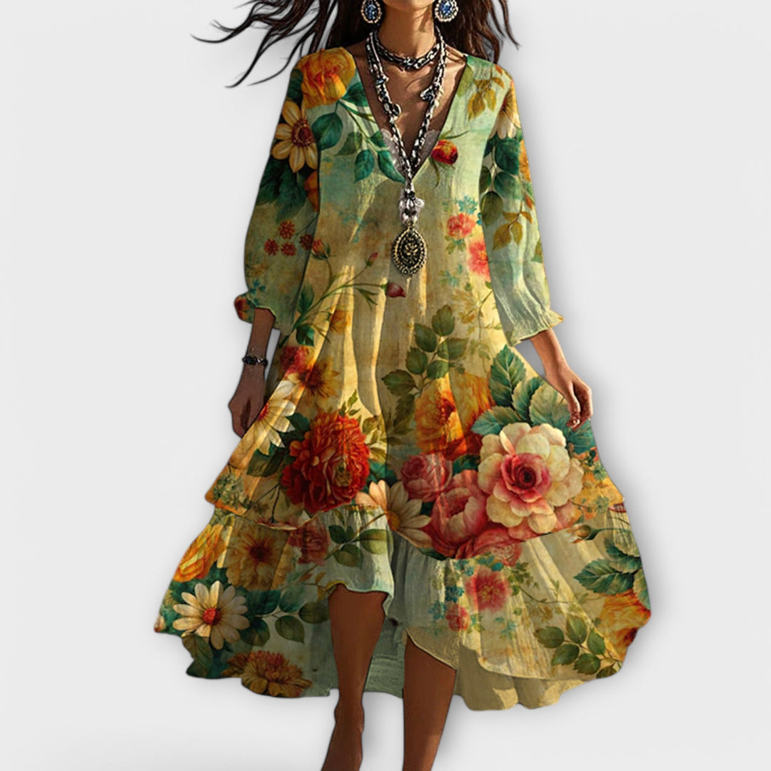 Marina™ | Vintage Boho Floral Pattern V-Neck Dress